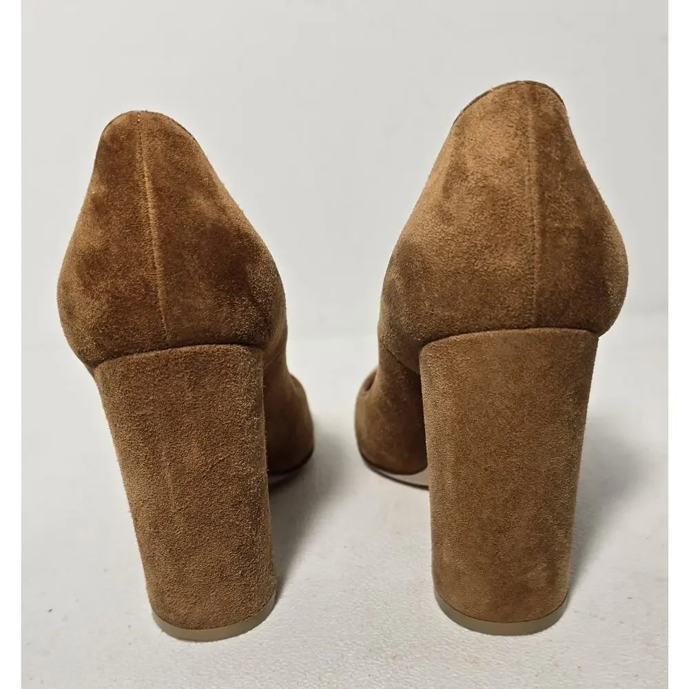 Gianvito Rossi Camel Cognac Suede Heels Pumps 36.5/6.5 Round Toe Block Heel $895